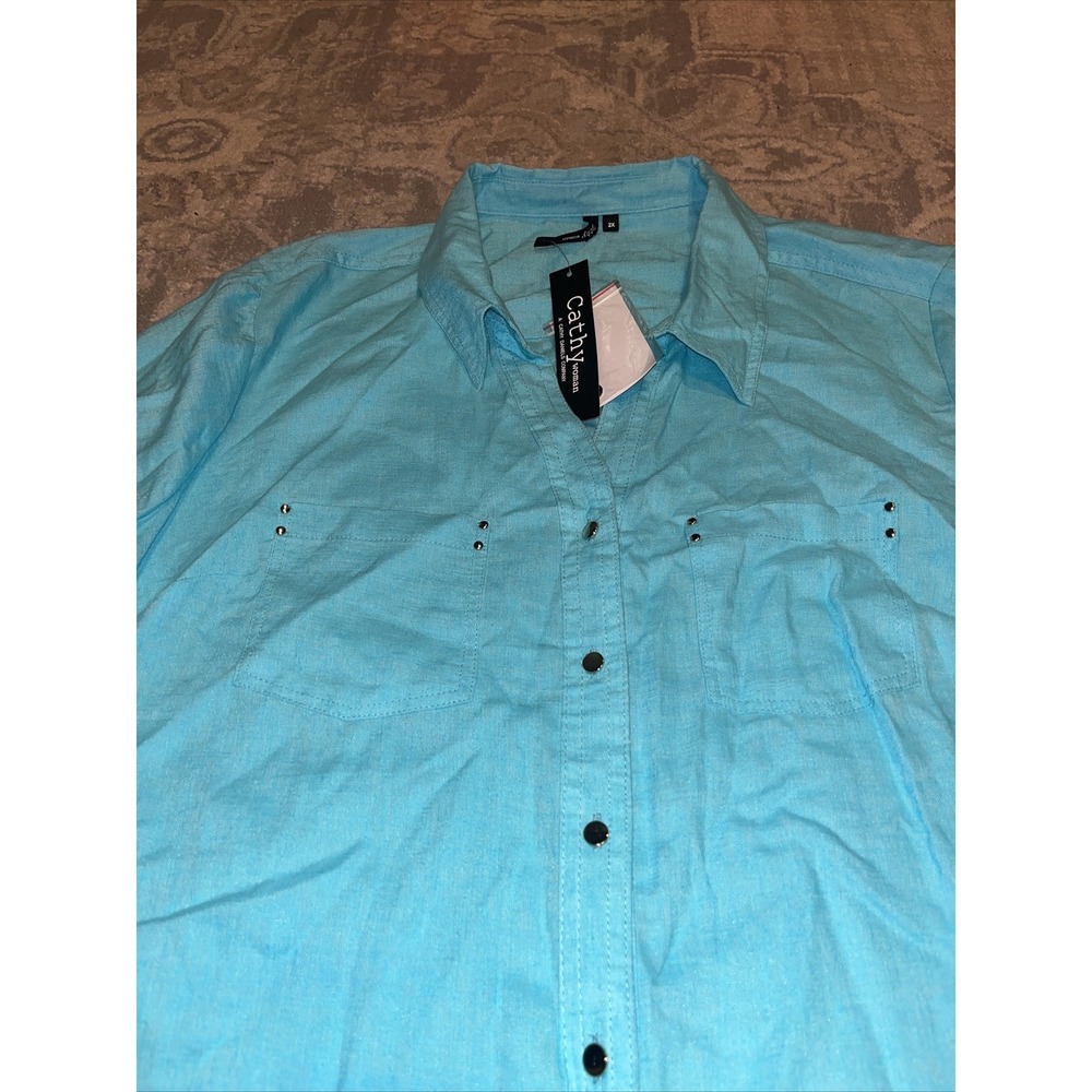 New CATHY Blue Button Down Top 3/4 Roll Tab Sleeve Shirt WOMENS Plus Sz 2XL - Picture 2 of 6